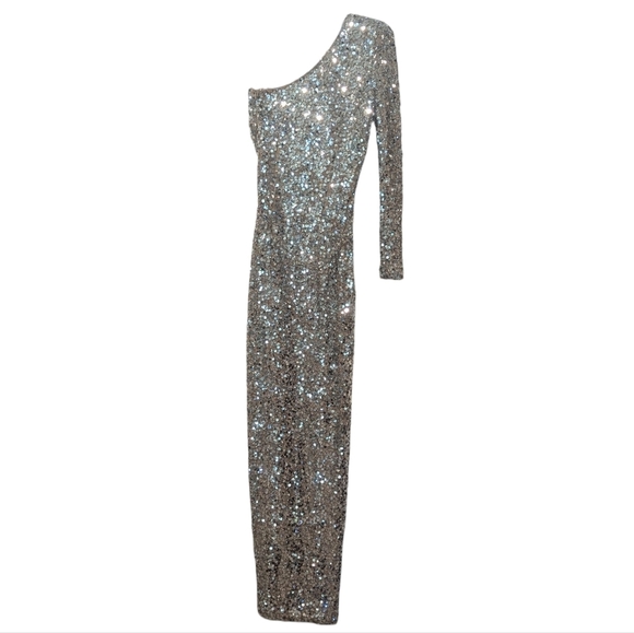 Nadine Merabi Adriana Silver Sequin One Shoulder Maxi Dress Crystal Belt Size XS - Picture 10 of 17